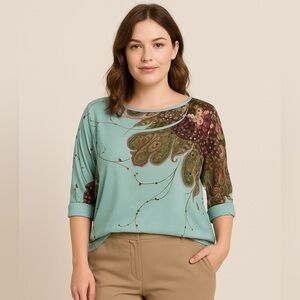 Allegra K Paisley Blouse Size M Teal Green Office Top